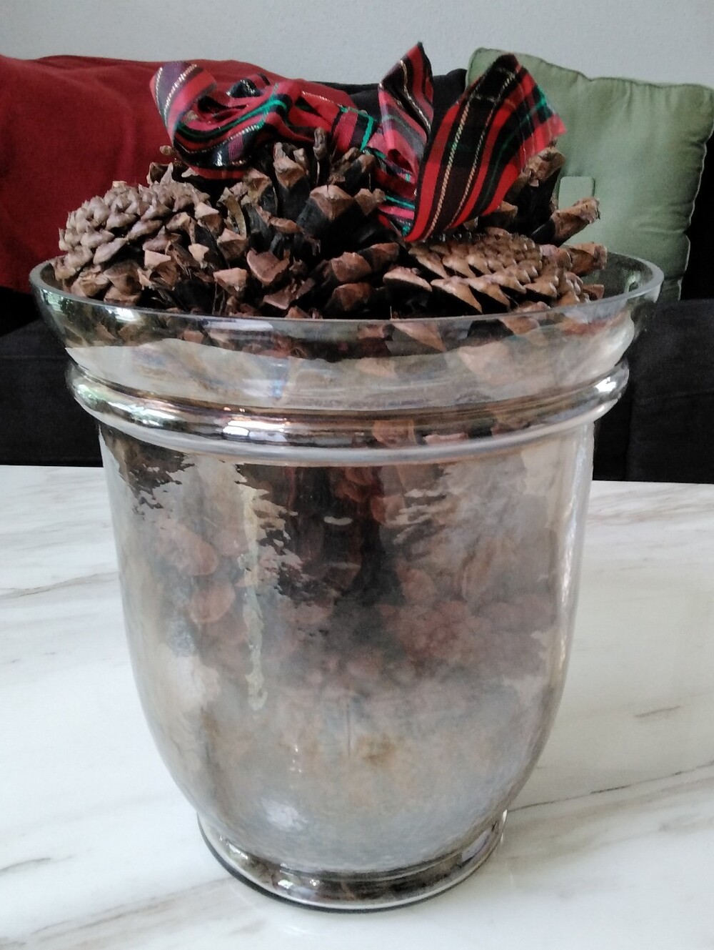PIER 1 Brown Tinted Hammered Glass Hurricane Vase with Pinecones 9-1/4" Tall